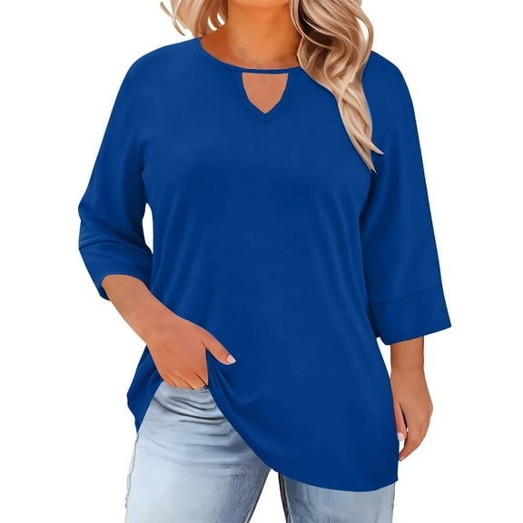 Women's Plus Size V neck Tops Casual Cutout Tunic Top Dressy 3/4 Length Sleeve Blouse Shirts Solid Color Loose fit T-Shirt 2026 Spring Business Casual Clothes