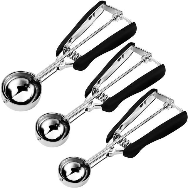 Set de 3 Cucharas Dosificadoras de Acero Inoxidable 18/8 para Galletas, Helados y Magdalenas con Mango Antideslizante