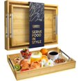 thumbnail image 1 of Set of 2 Decorative Serving Trays - Bamboo + Silver Stainless Steel Handles - Coffee Table or Ottoman Tray for Breakfast in Bed Jewelry, Decor Organization - 12"x17" - Stained Brown Finish, 1 of 5