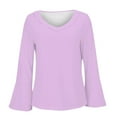 thumbnail image 5 of Yigetop Ruffle Blouse, Fall T Shirts Women Loose Fit Long Sleeve Boat Neck Tops Casual Blouses Print Sleeve Tops Bell Sleeve Top Purple 2XL, 5 of 6