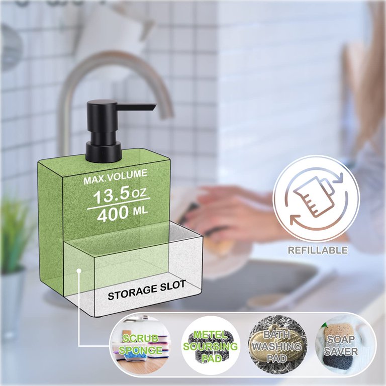 ZCCZ Black Soap Dispenser with Sponge Holder, Kitchen Soap Dispenser Pump,  Sponge Caddy and Brush Holder 3 in 1 Set Organizer for Sink Countertop