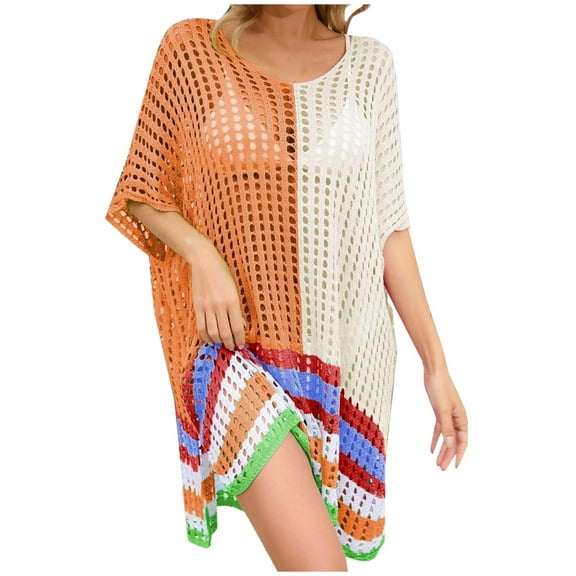 JIUKE Summer Tops for Women Crochet Beach Mini Dress Loose Crew Neck Short Sleeve Hollow out Swimsuit Cover-Up