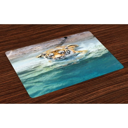 

Safari Placemats Set of 4 Picture of a Bengal Tiger Lying Near Water Wild Life Cave Stone Clear Water Washable Fabric Place Mats for Dining Room Kitchen Table Decor Teal Cream Mustard by Ambesonne