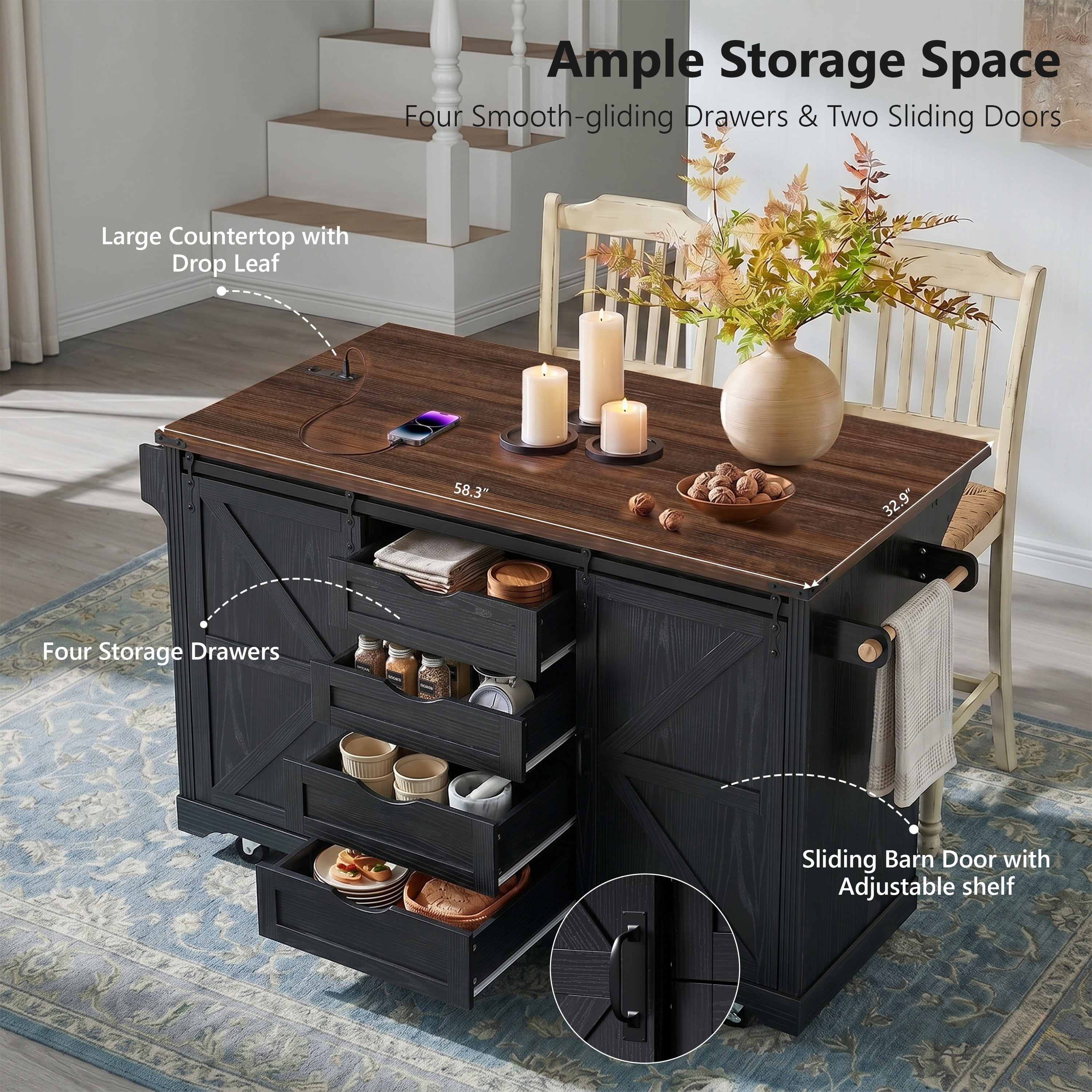 Mintazer 72" Farmhouse Rolling Kitchen Island with 2 Mini Fridge Space & Drop Leaf Countertop and Power Outlet, Bar Storage Cabinet with 4 Drawers & Barn Doors for Kitchen Dining Room, Black & Walnut