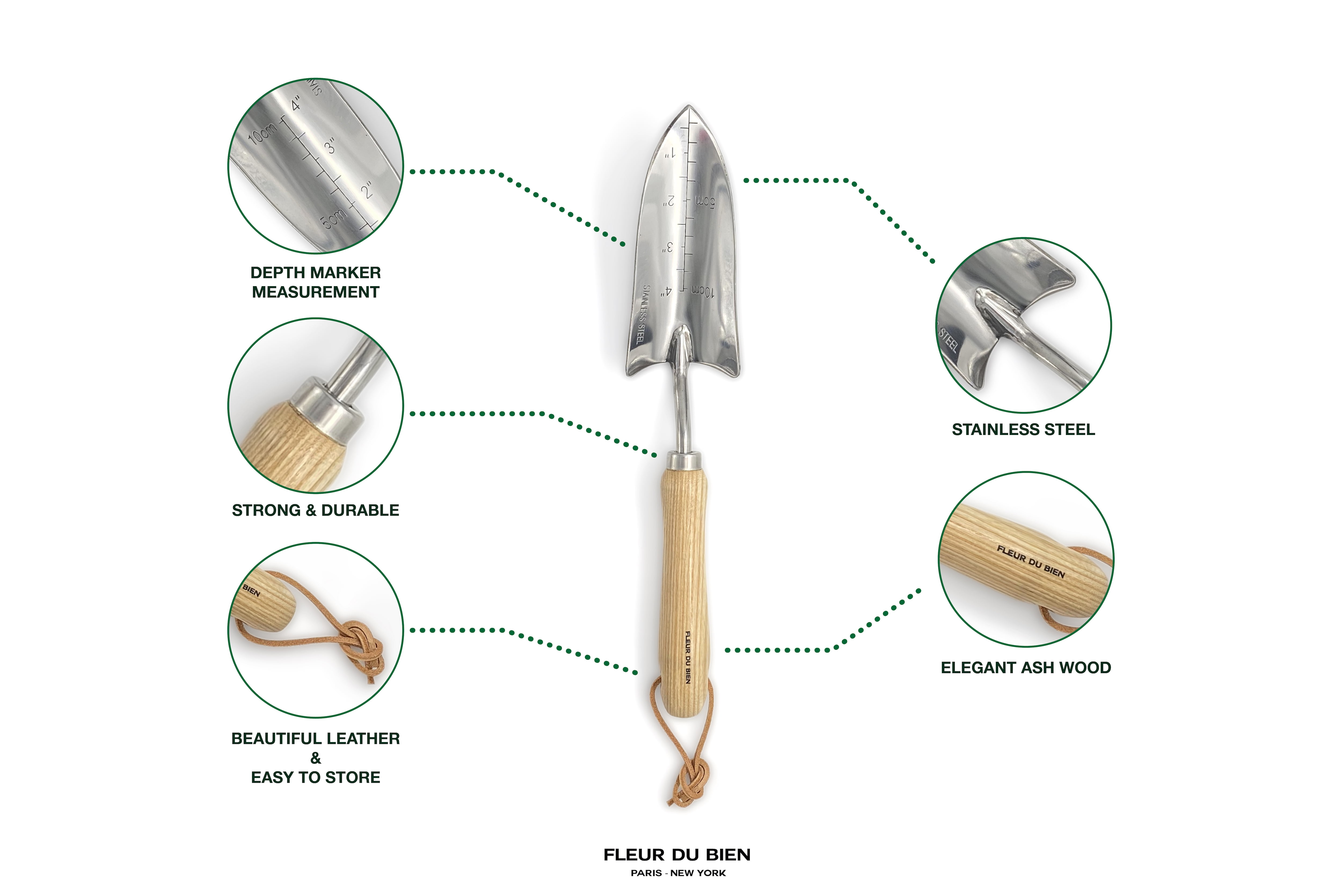 FLEUR DU BIEN 6 Piece Stainless Steel Heavy Duty Garden Tools Set, with Ash Wood Handle and Non-Slip Rubber Grip Pruner, Premium Canvas and Leather Storage Tote Bag, Outdoor Hand Tools, Garden Gift