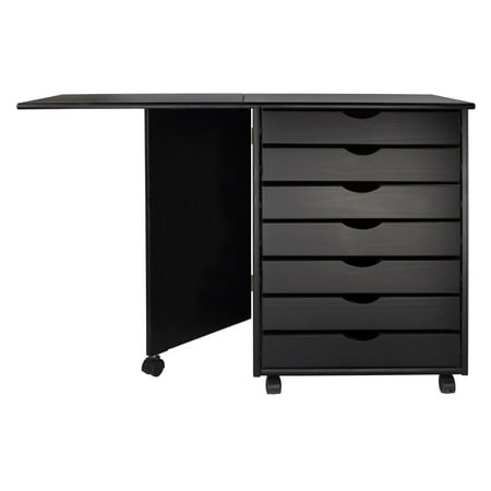 Jela Solid Wood 7 Drawer Gate Leg Roll Cart Desk in Black
