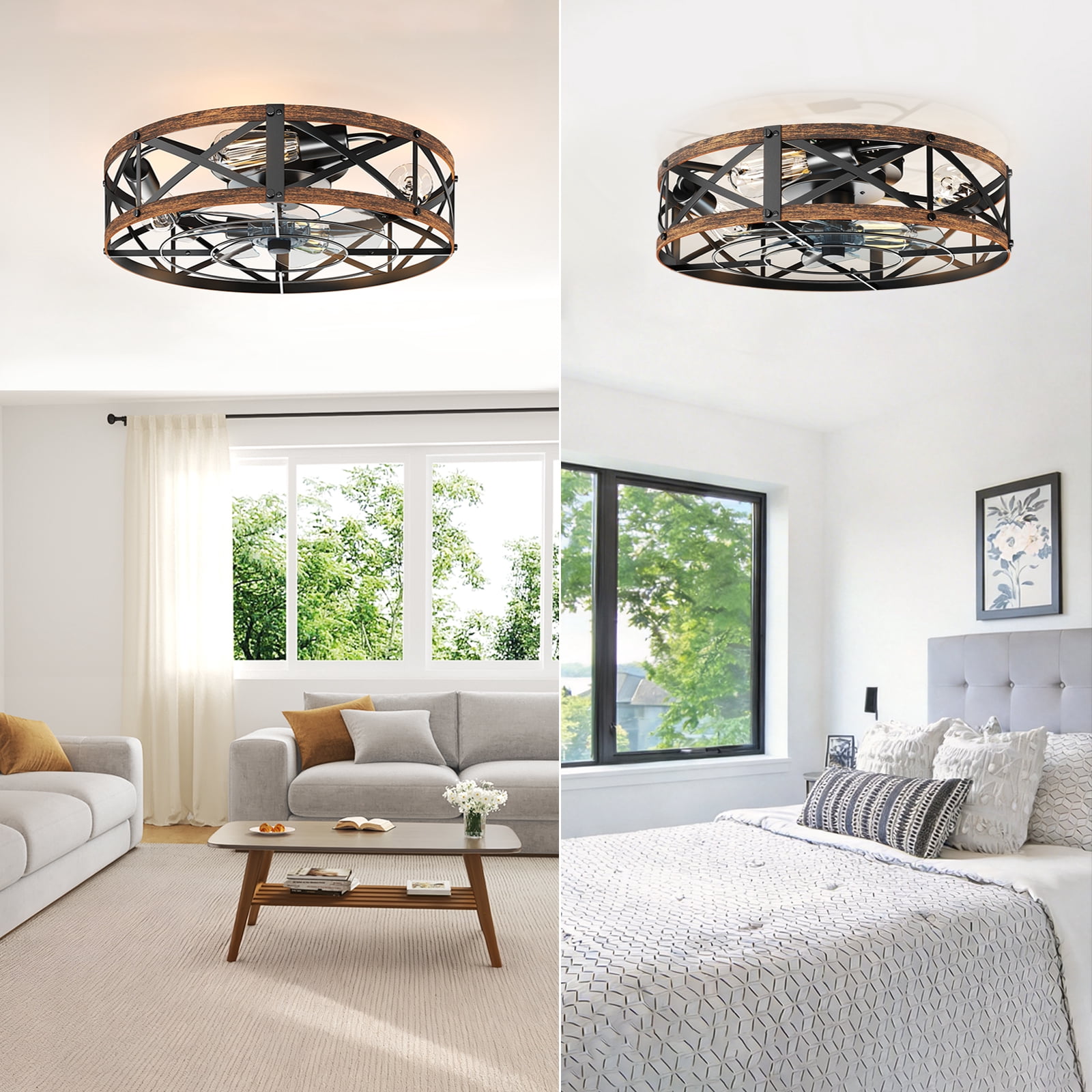 CONCETTA 22" Farmhouse Flush Mount Ceiling Fan with Lights, Quiet Bladeless Fandelier for Bedroom Kitchen, Remote Control Rustic Low Profile Caged Ceiling Fan, Gold