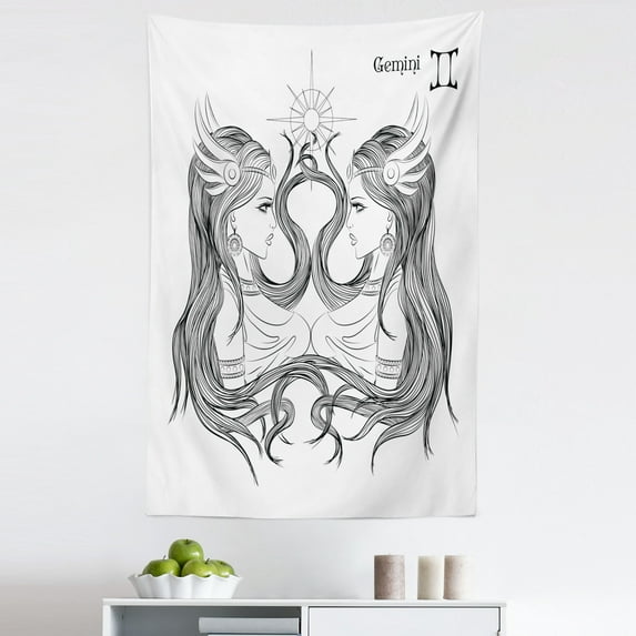 Zodiac Gemini Tapestry, Line Art Style Ladies with Long Hair Looking at Each Other Esoteric Art, Fabric Wall Hanging Decor for Bedroom Living Room Dorm, 5 Sizes, Black and White, by Ambesonne
