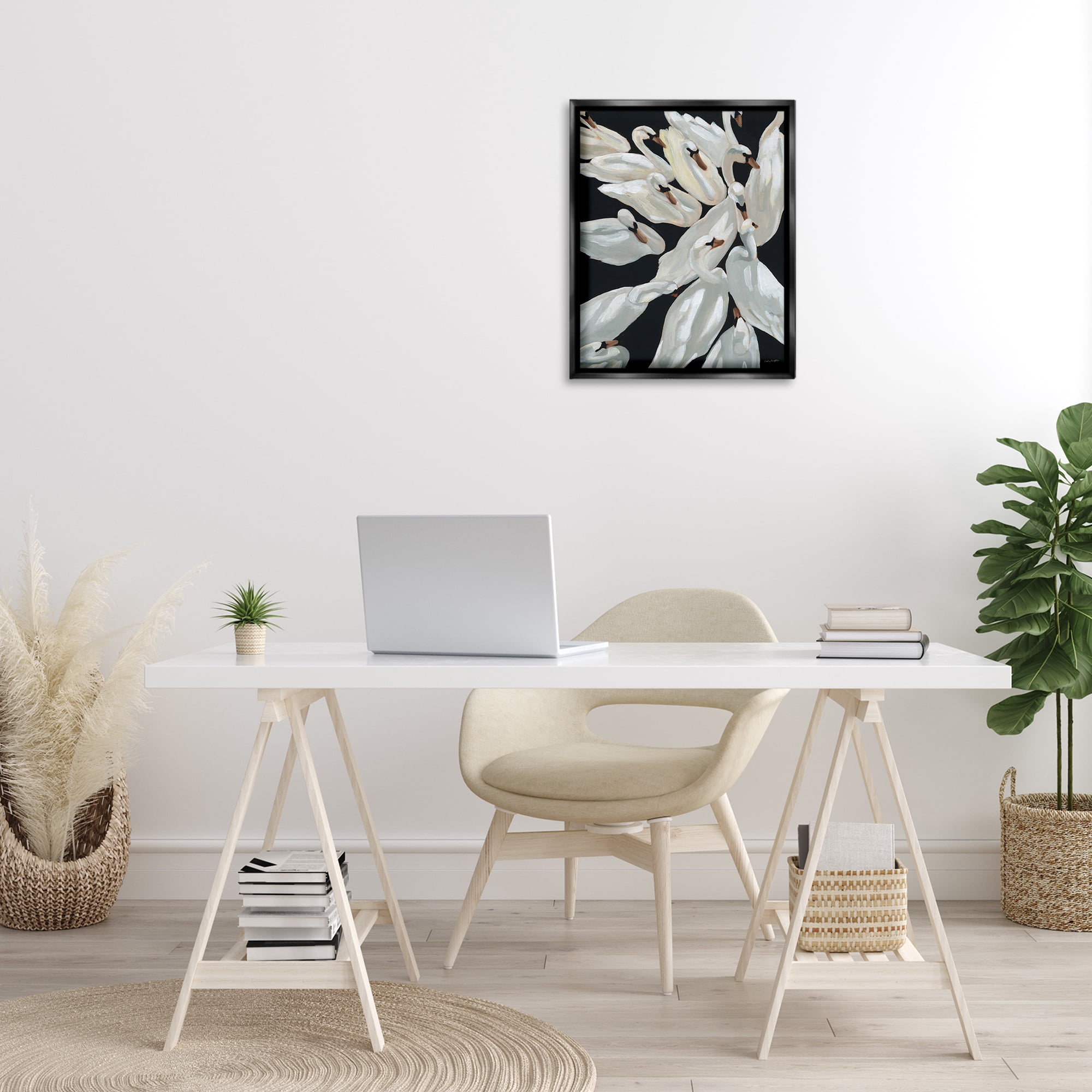 Stupell Industries Gathered Swans Swimming Animals & Insects Painting Black Floater Framed Canvas Art Print Wall Art, 17 x 21
