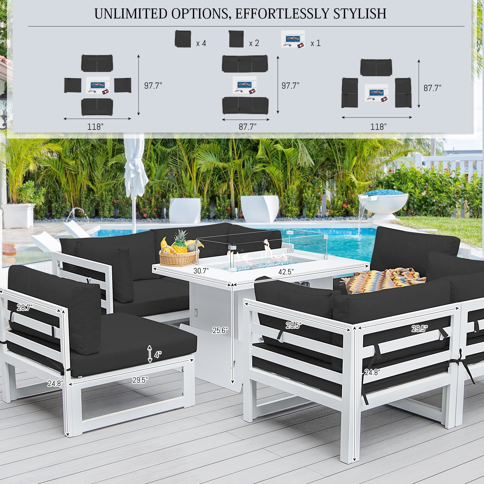 RADIATA 7 Pieces Aluminum Outdoor Patio Sectional Furniture Sofa Set with Fire Pit Table Large Size Luxury Comfortable Durable Water/UV-Resistant for Garden Backyard Party (Black Cushion)