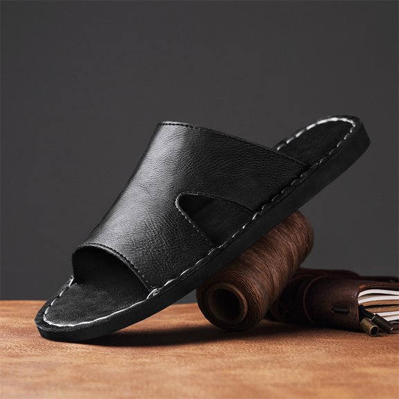 Men's Single Wide Strap Hollow Hand-Stitched Leather Slide Sandals