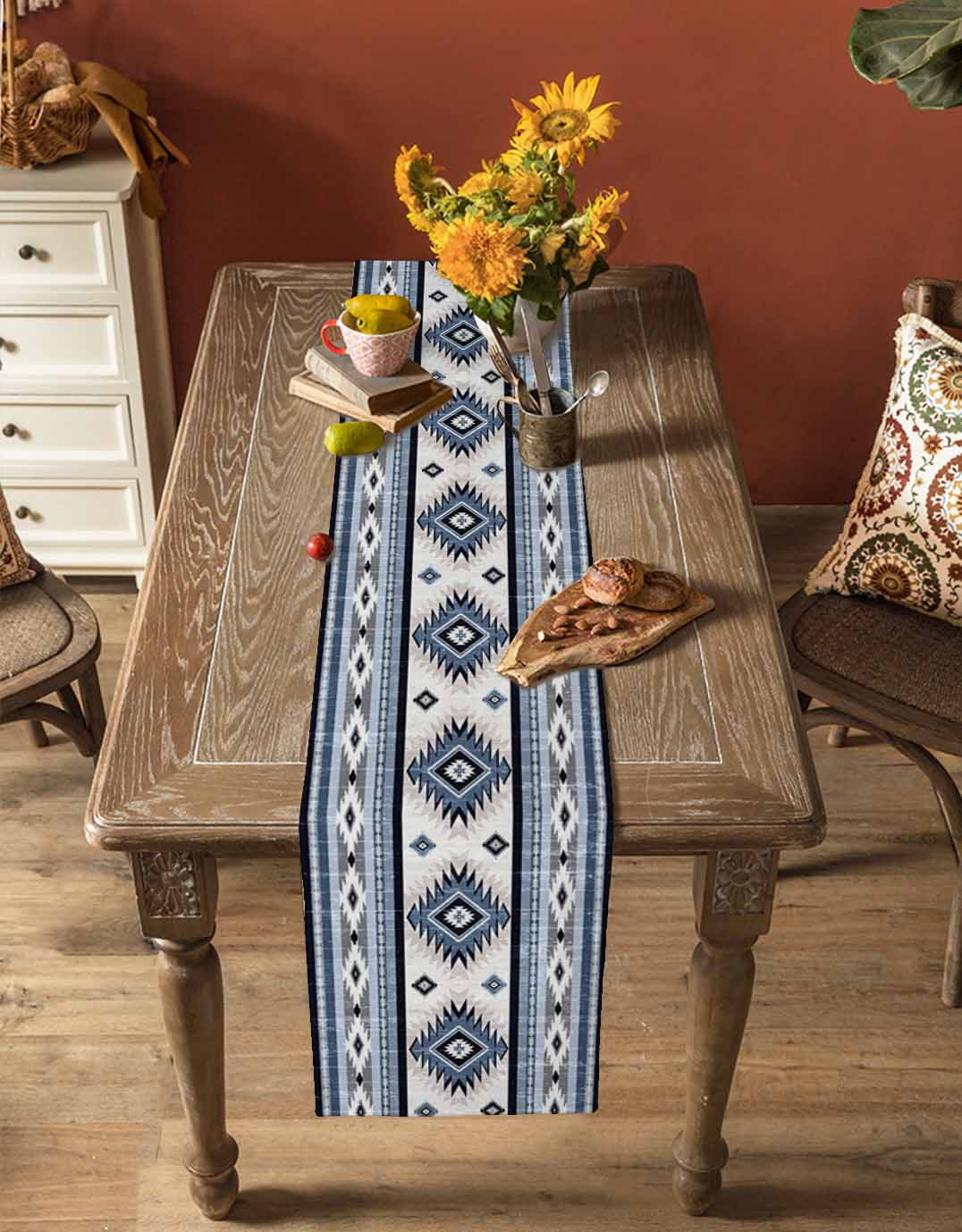 Blue Southwestern Burlap Cotton Table Runner 14x72 Inches Long, Boho Aztec Ethnic Abstract Print Farmhouse Table Runners, Outdoor Dining Tablecloths Decor for Baby Shower/Party/Wedding