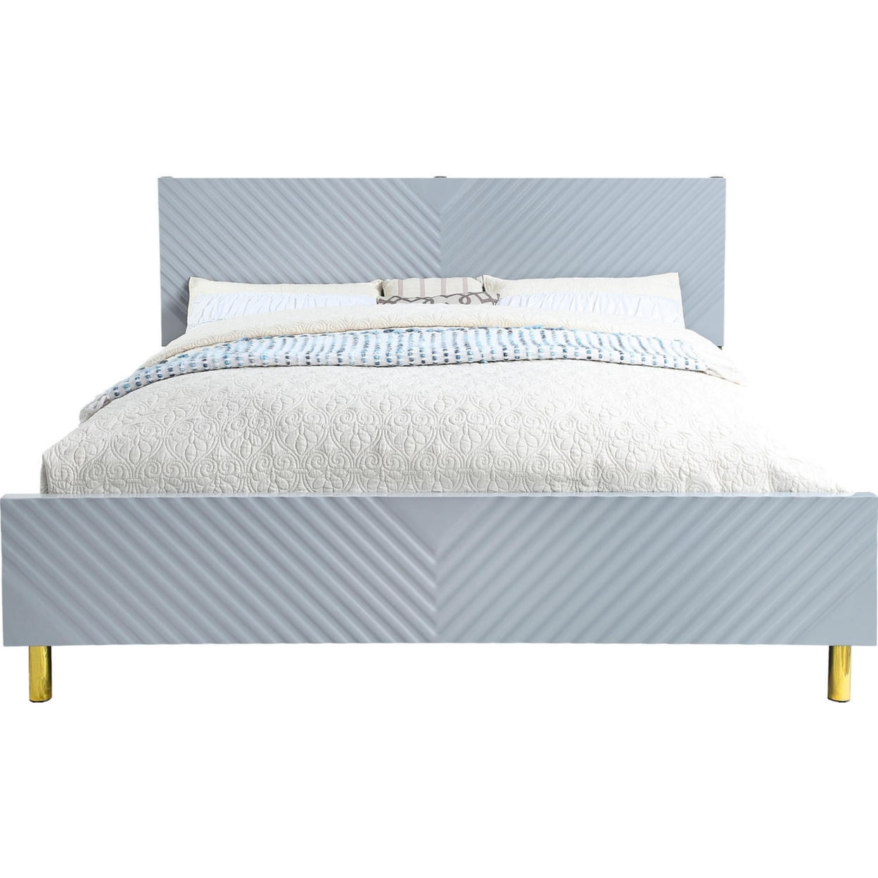 Tyra Modern Queen Bed, Panel Headboard, Textured Chevron, Slate Gray, Gold