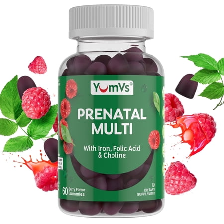 YUM-V’s Prenatal Multivitamin Gummies for Women with Iron, Folic Acid & Choline, Berry Flavor, 60 Count