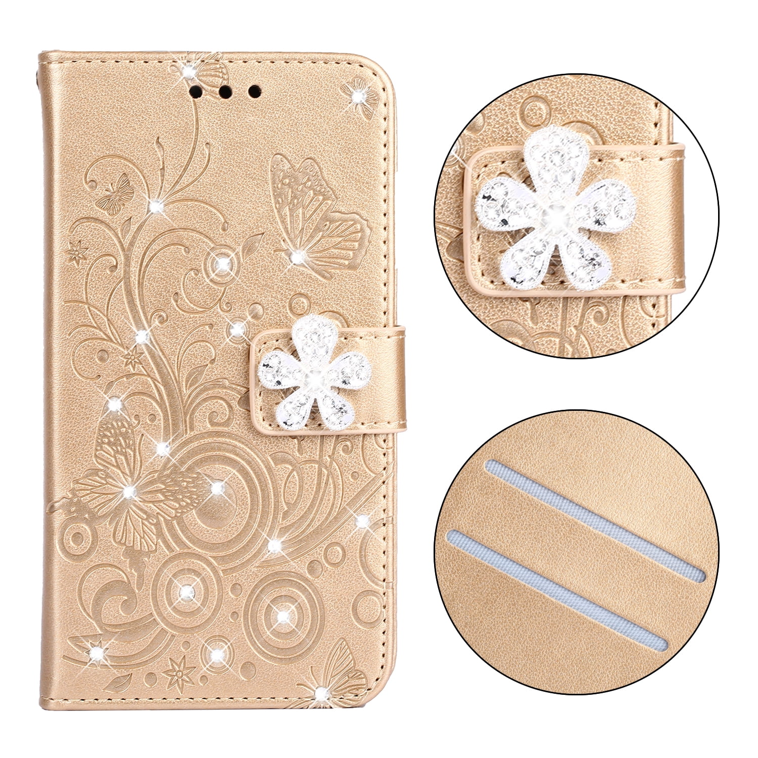 JAWSEU Case Flip Compatible with Samsung Galaxy J6 2018 PU Leather Wallet Folio Stand Full Body Case 3D Bling Glitter Butterfly Cute Love Pattern with Card Holder Magnetic Closure Cover,Blue