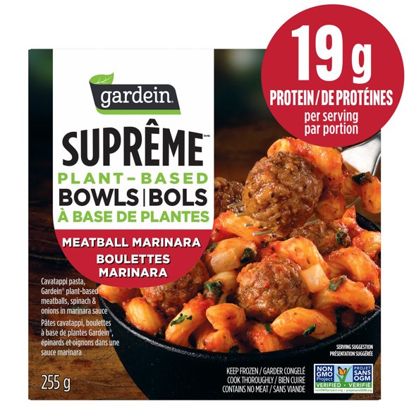 Gardein Suprême Plant‑Based Bowls Meatball Marinara Frozen Dinner Bowl, Pasta with Plant‑Based Meatballs, Spinach & Onions in Marinara Sauce, 19g of Protein, Frozen Meal, 255g