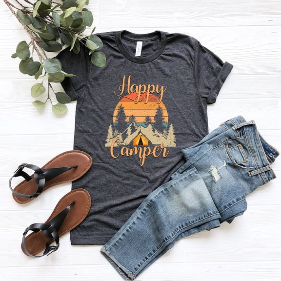 Happy Camper Camping Hiking Travel T-Shirt, Camp Life T-Shirt, Caravan Life Nature Lover Tshirt, Fishing Hunting Cooking Outdoors Fire Gifts TH210544