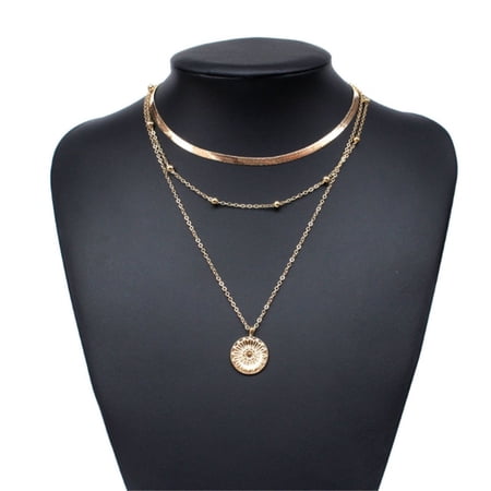 Layered Sun Pendant Necklace Set, Multi-Strand Herringbone Choker with Beaded Chain, Gold/Silver Stackable Necklaces for Women, Bohemian Layering Jewelry,Trendy 3-in-1 Layered Design