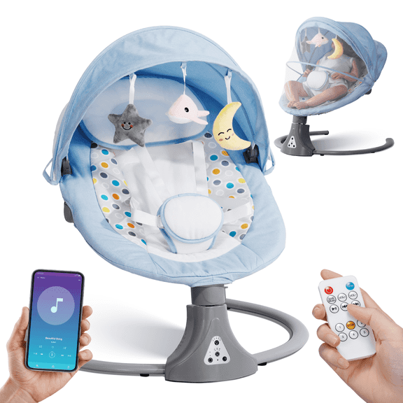 Baby Swing for Infants -  Remote Control Baby Swing Chair , 5 Speed Settings, 12 Lullabies, 3 Timer, 3 Angle, Cordless, USB Plug (Blue)