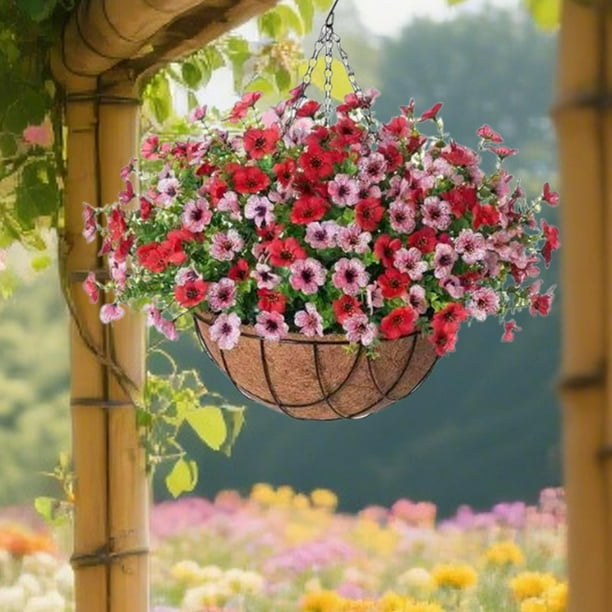 Cesta de flores artificiales, planta colgante falsa, decoración para colgar , maceta con cadena DIY para hogar, porche, balcón, exterior e Rojo Rosa