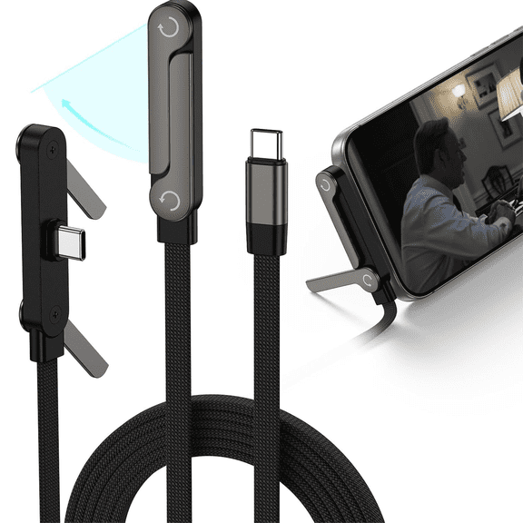 【2026 Upgraded】3-in-1 240W Invisible Stand Fast Charging Cable, Chubby USB C to USB C Cable, 90 Degree Type C Charger Cord (4.9ft) with Built-in Phone Stand