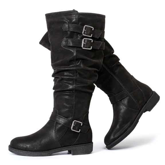 Love Steetly Women's Extra Wide Calf Knee High Boots, Slouchy Shaft with Triple Buckle Straps, Low Stacked Heel Side Zipper Casual Riding Tall Boots.