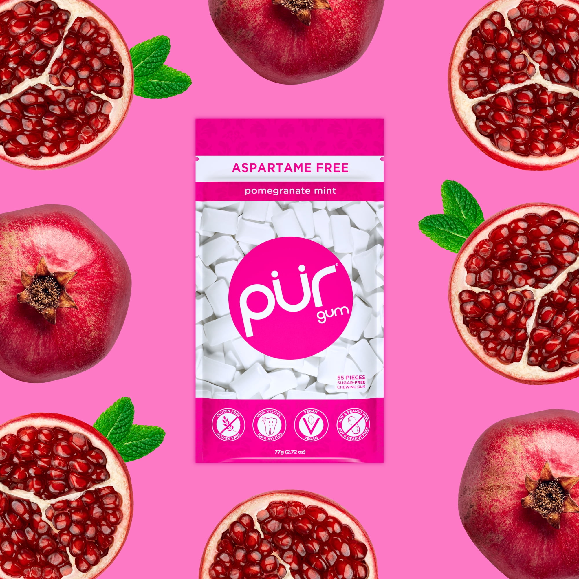 PUR Gum, Aspartame Free, Sugar Free & 100% Xylitol, Pomegranate Mint Chewing Gum, 55 Pieces, Pack of 6