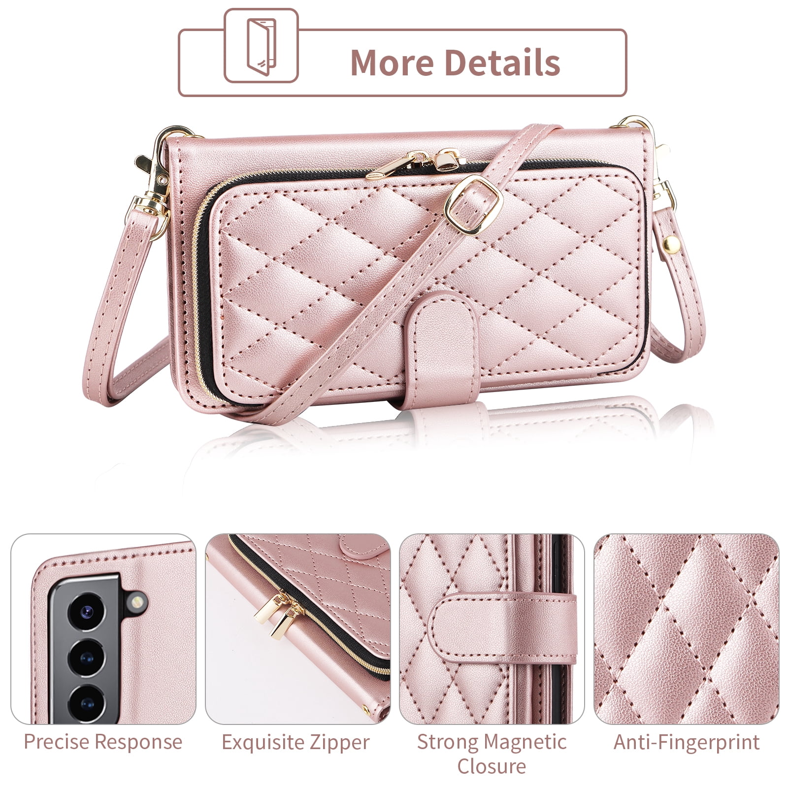 Furiet Wallet Case for Samsung Galaxy S21 Plus S21+ 5G with Wrist Strap, Shoulder Strap, Card Slots Zipper Purse, Leather Stand Cell Phone Cover for S21+5G S21plus 21S + S 21 21+ G5 Women Rose Gold