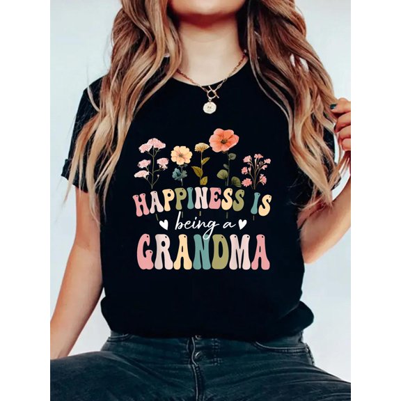 Cotton Happiness is Being a Grandma Floral Grandma Mother's Day T-Shirt Women's Graphic Tee Casual Tops
