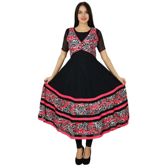 Bimba Black Flaired Dress Long Georgette Kurti Party Wear Indian Ethnic Kurta