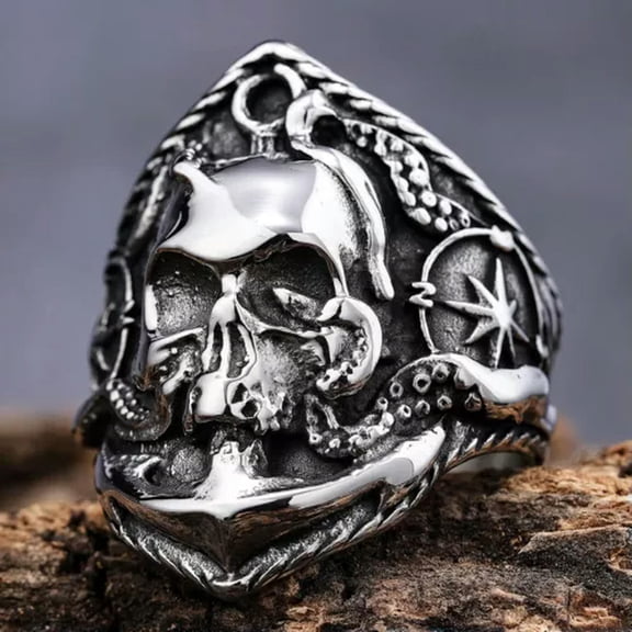 GKNET Vintage Domineering Sailing Anchor Skull Head Stainless Steel Rings Size 7-15-12