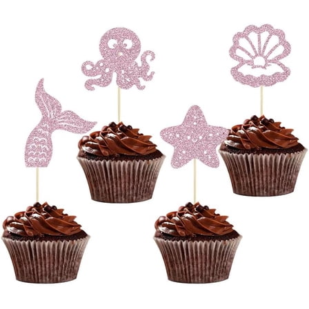12pcs Pink Glitter Mermaid Cupcake Toppers Mermaid Theme Party Birthday Baby Shower Children's Day Supplies Under the Sea Party Cake Picks Decoration