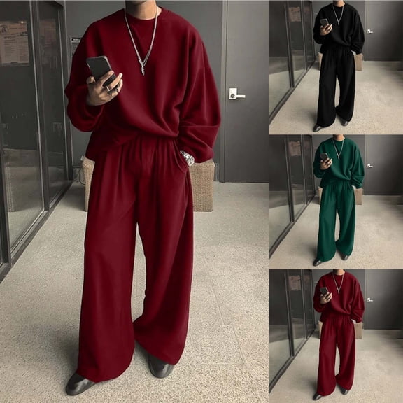 Fewfanhot Sweatsuits for Men 2 Piece Outfits Sweatsuit Oversized Knit Pullover Sweater Tops Wide Leg Pants Lounge Set