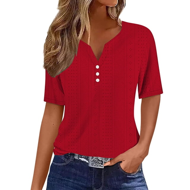 Karight Summer Tops for Women Trendy 3/4 Sleeve v Neck Eyelet Shirts Dressy Casual Holiday Vacation Tunic Blouses