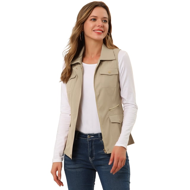 Chaqueta con cremallera y bolsillos sin mangas Anorak Utility Chaleco para mujer Caqui S
