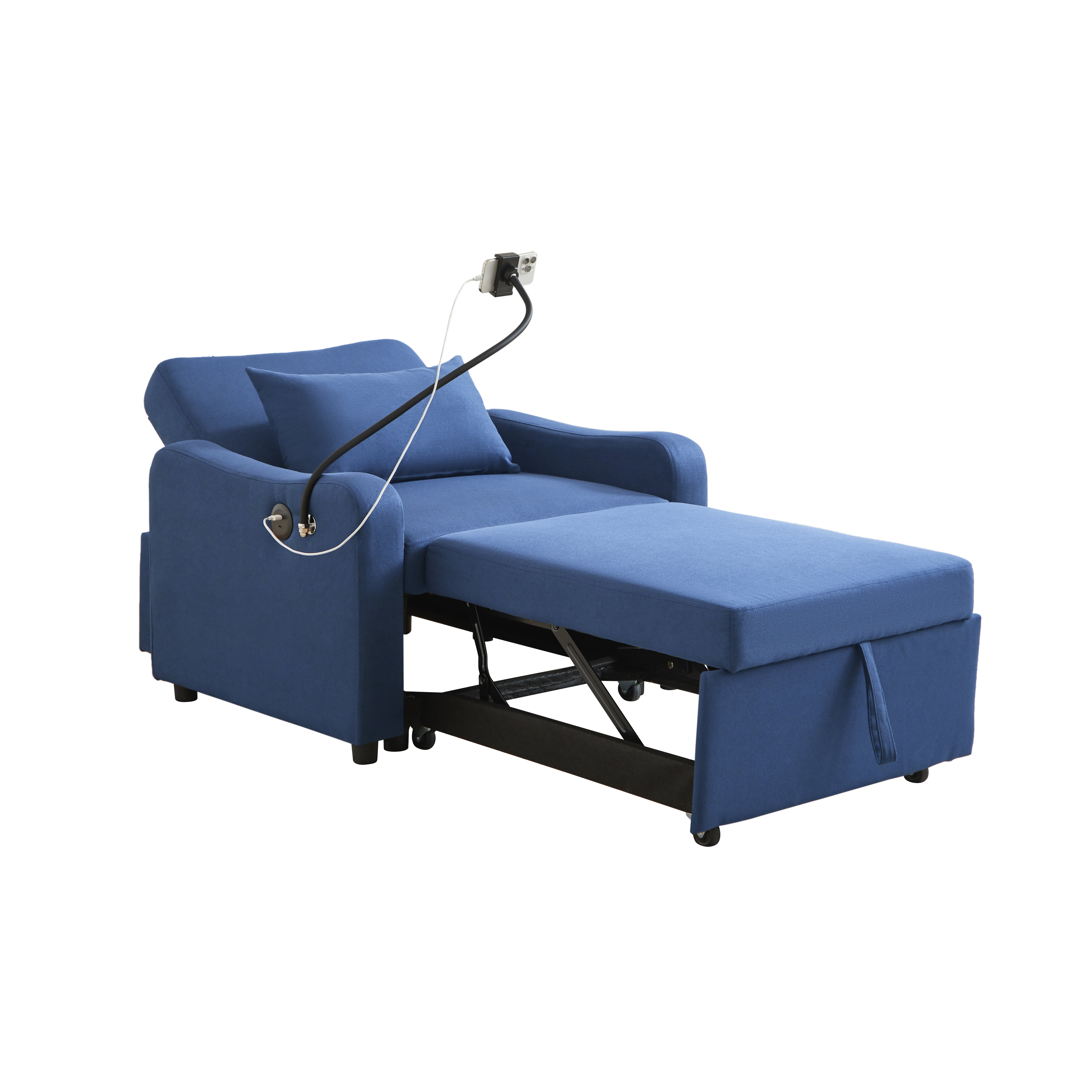 Leumius Convertible Sleeper Sofa Chair Bed,3 in 1 Linen Single Sofa with USB Port and Phone Holder,Pull Out Couch Recliner with Adjustable Backrest for Living Room, Office, Small Place,Dark Blue