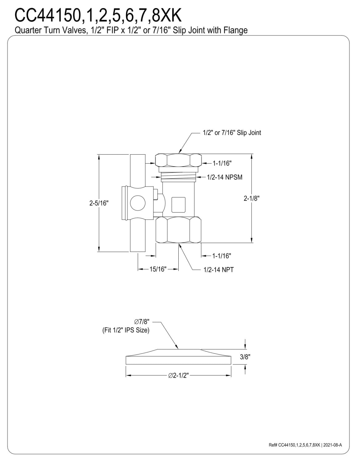 Kingston Brass CC44157XK 1/2" FIP x 1/2" or 7/16" Slip Joint Quarter-Turn Straight Stop Valve with Flange, Brushed Brass