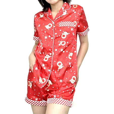 

Raruxxin Women 2 Pieces Christmas Sleepwear Set Gingerbread Man Print Lapel Short Sleeve Button-Down Tops + Shorts Pajamas Suit