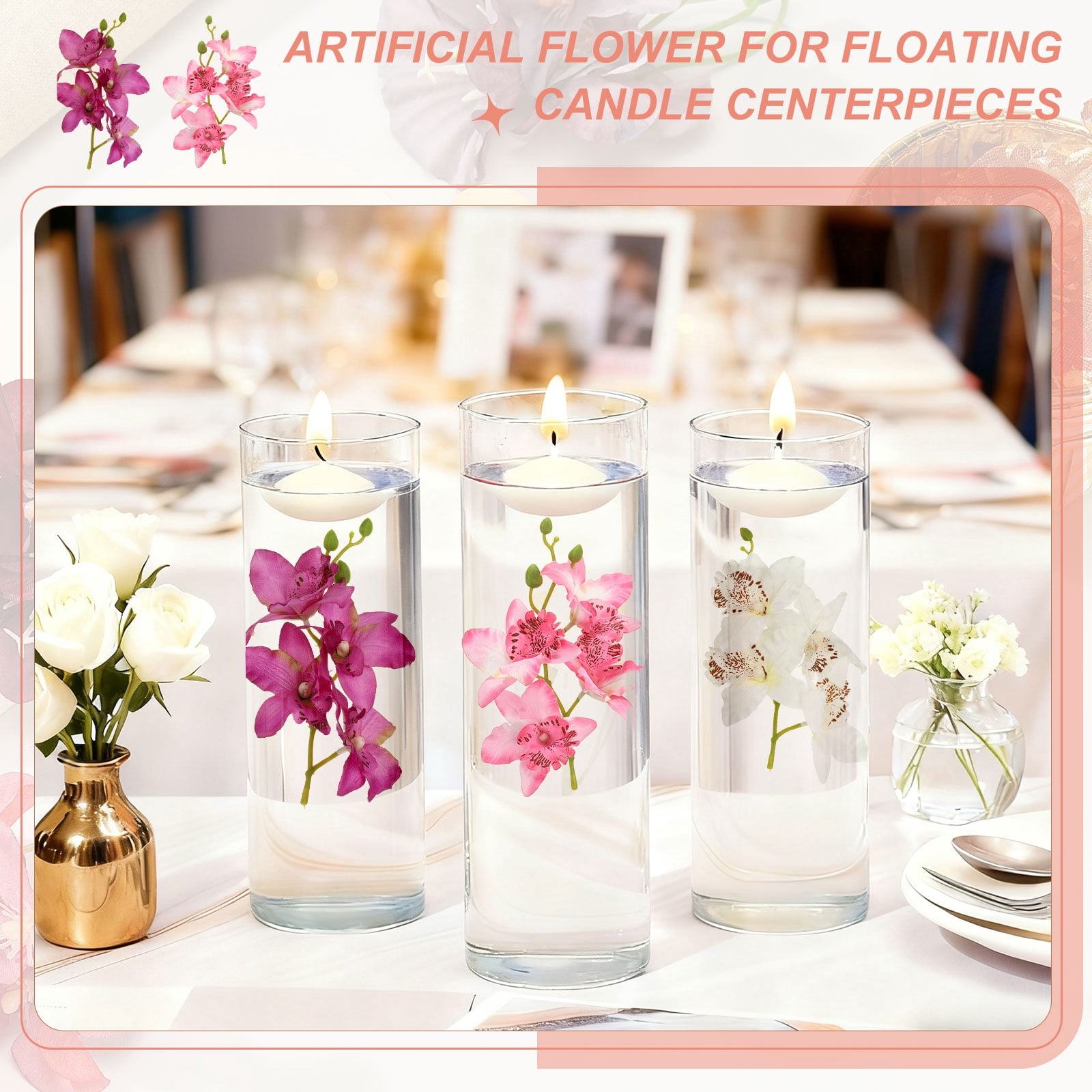Artificial Flower for Floating Candle Centerpiece, 10 Pcs Faux Orchid Flowers Vase Fillers Faux Flower Filler, Pink