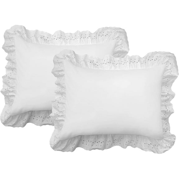Ruffled Bed Pillow Shams with Embroidered Eyelet Detail, Standard, White, 2-Pack