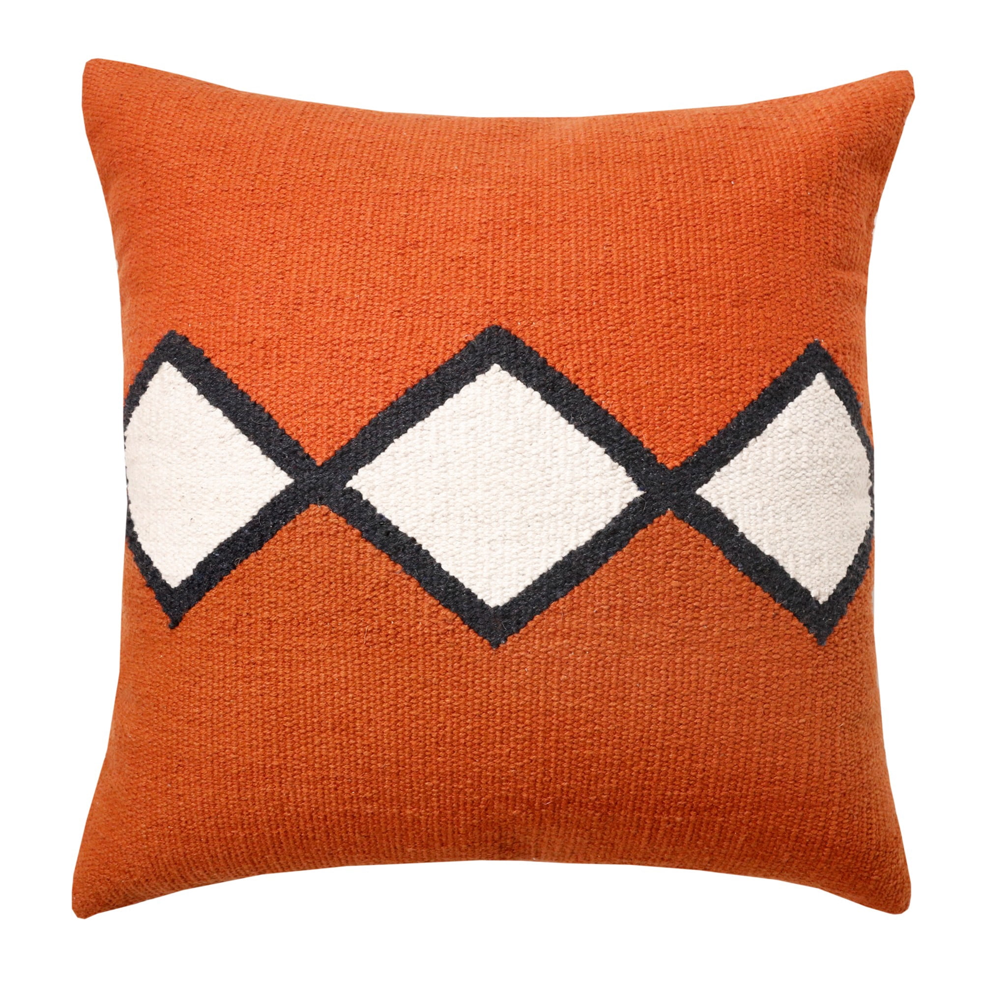 Laddha Home Designs Handwoven Embroidered Diamond Cotton Throw Pillow Cover - 20" - Orange and White