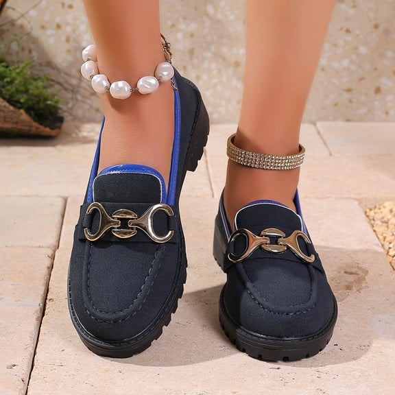ZunFeo Womens Dark Blue Casual Loafers Slip On Shoes with Horsebit Buckle - Platform Comfort Walking Flats for Women US Size 5.5-9.5,Size 9