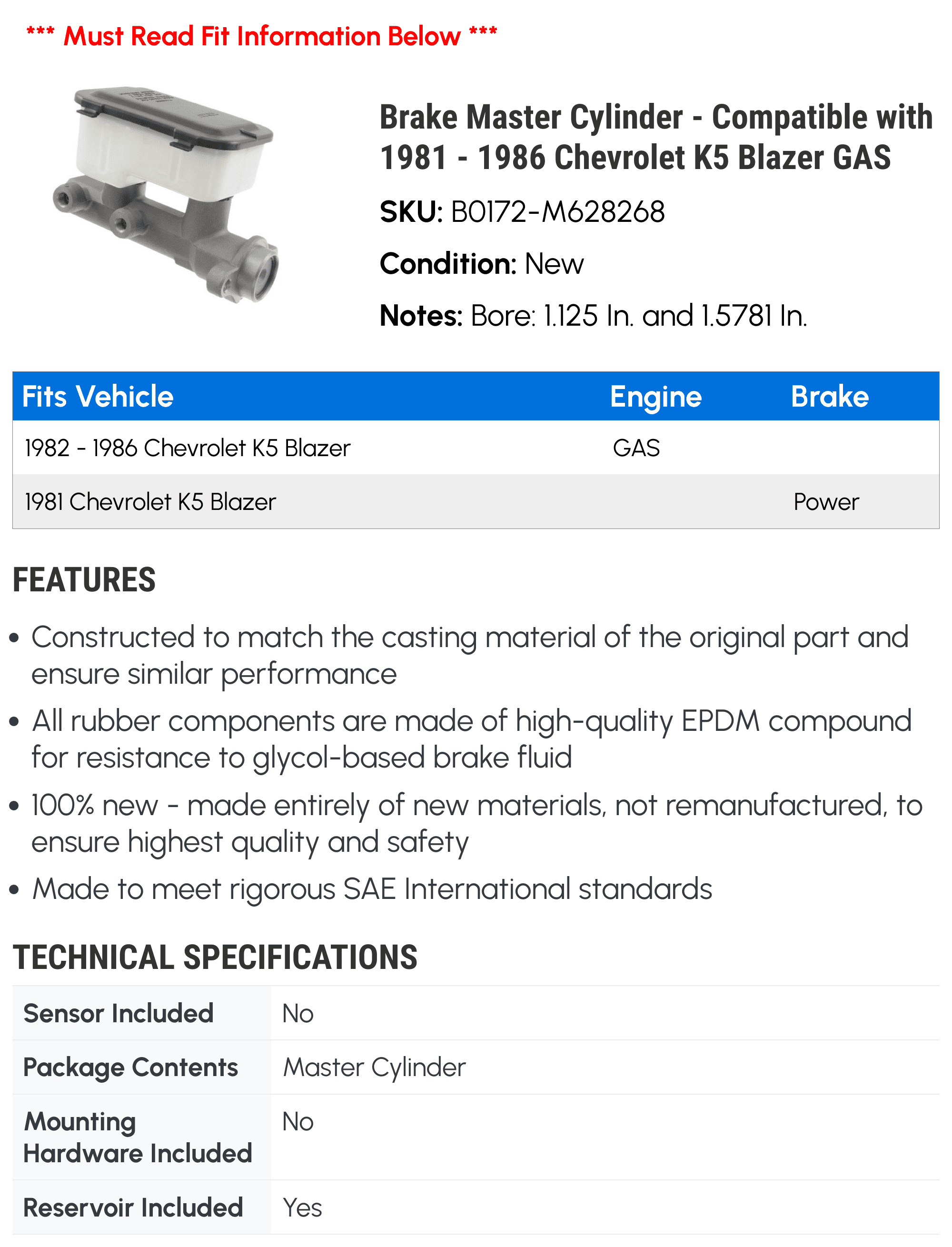 Brake Master Cylinder - Compatible with 1981 - 1986 Chevrolet K5 Blazer GAS - Dorman