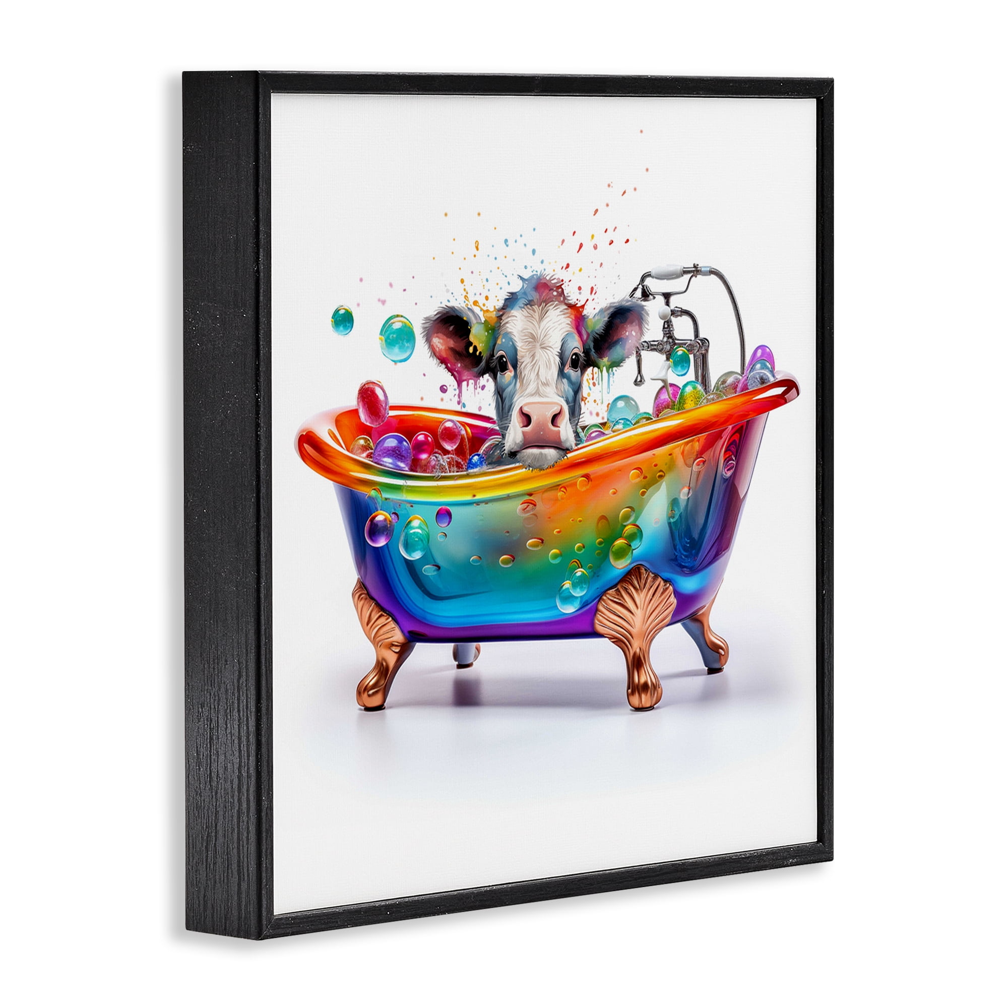 Stupell Industries Cow in Rainbow Bath Typography Painting Black Framed Art Print Wall Art, 17 x 17