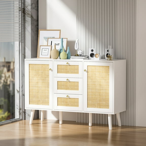 Eumyviv White  Wood Grain Storage Cabinet with Two Doors and Three Drawers Natural Rattan Design Large Wardrobe Perfect for Organizing Living Room Bedroom or Office Furniture