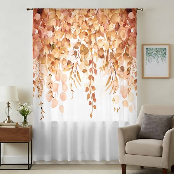 Orange Eucalyptus Leaves Sheer Curtains 96 Inches Long, Spring Floral Summer Botanical Light Filering Curtains, Privacy Drapes Simi Floor to Veiling Curtain for Living Room Large Window Treatment