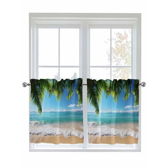 Half Window Curtains 24 Inches Long, Ocean Beach Window Treatment Curtain Drapes, Palm Trees Summer Tropical Island Seaside Short Curtains Tiers for Kitchen Over Sink, 27.5"x24", 2 Panels