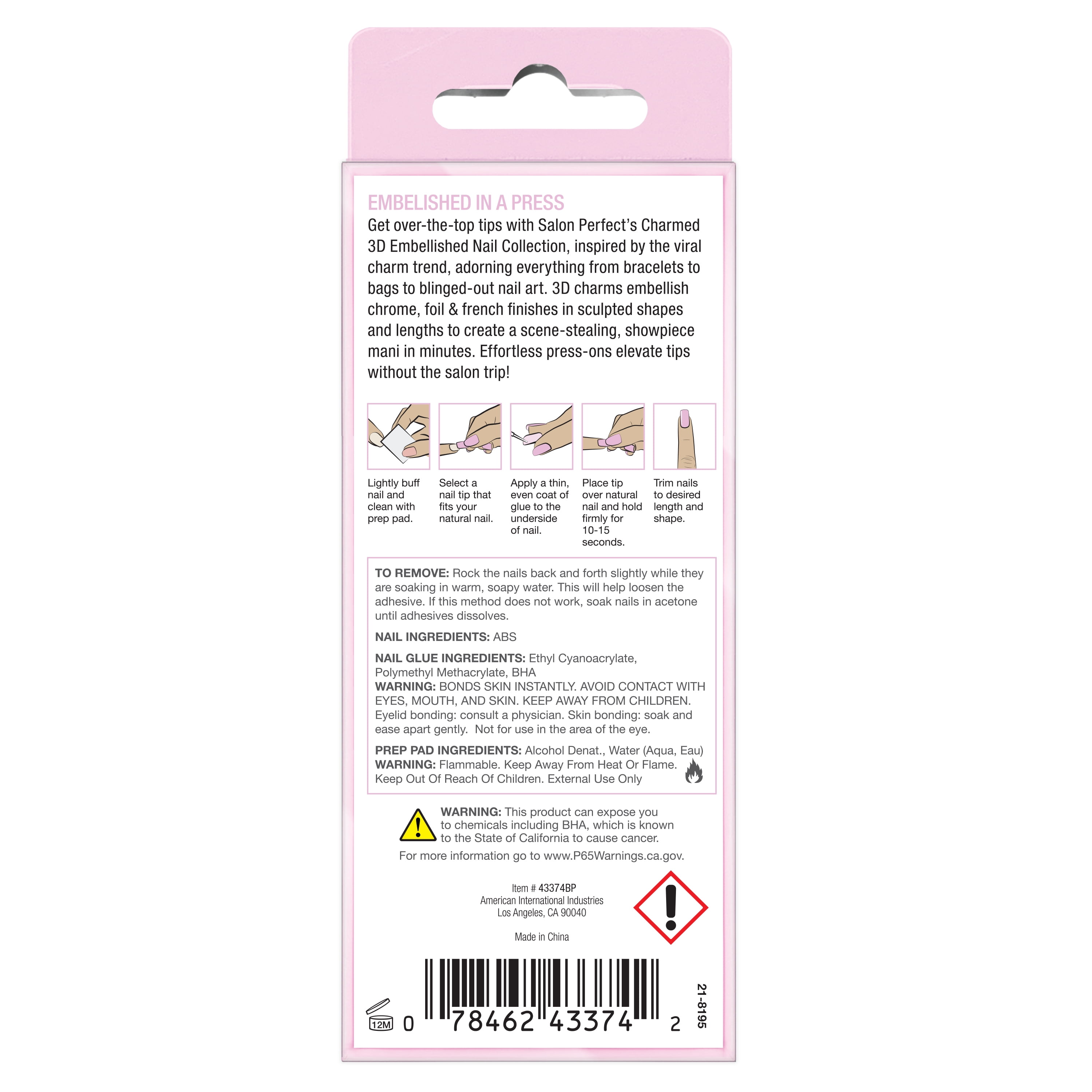 Salon Perfect Artificial Fake Press On Nails, 418 Charmed, Gold Butterfly, Long Square, File, Glue, and Prep Pad Included, 30 Nails