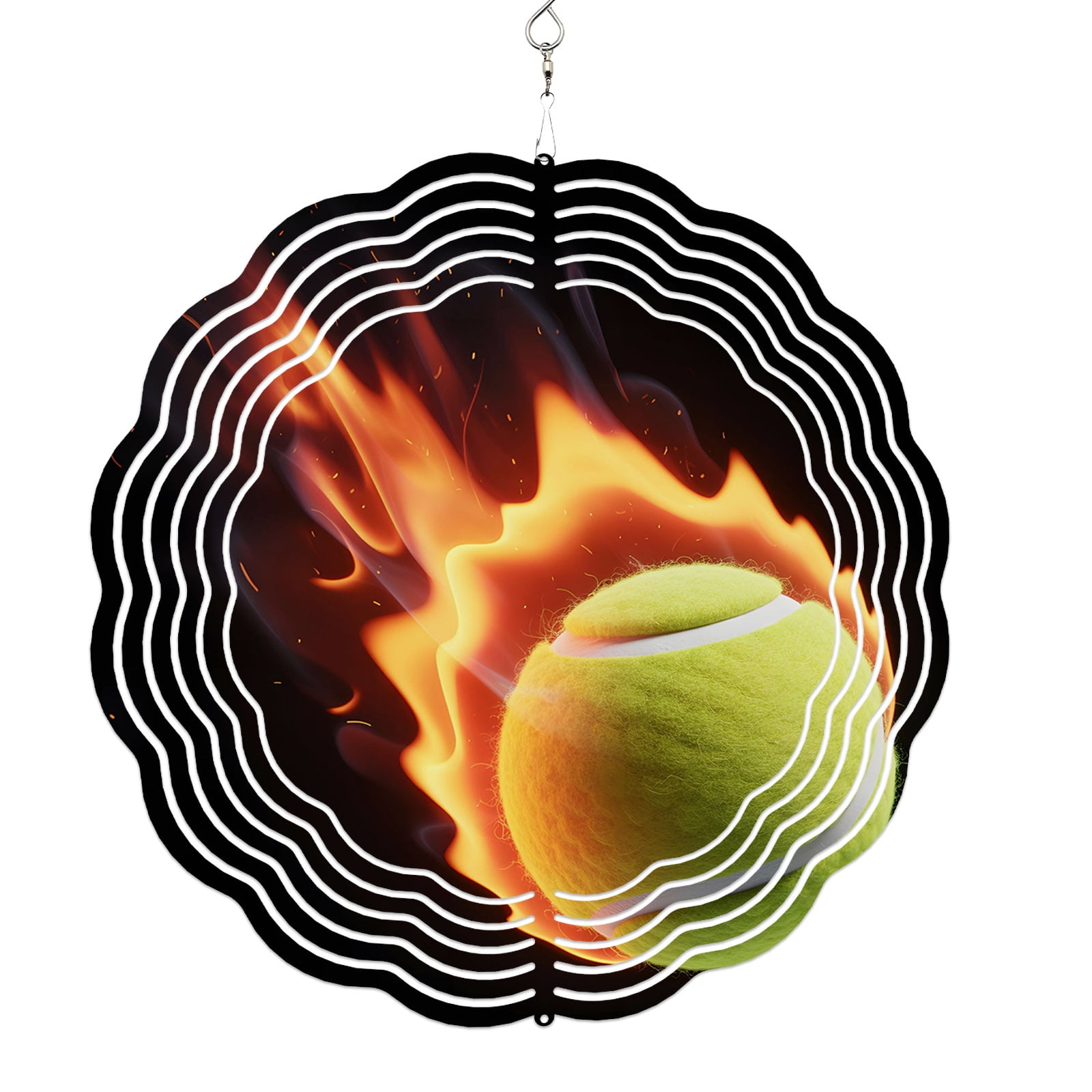 Wind Spinners for Yard and Garden Flame Tennis Ball Wind Spinner Sports Black 3D Metal Stainless Steel Wind Sculptures Outdoor Patio Hanging Ornament 8 Inch
