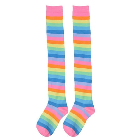 

2pcs Women Girl Colorful Rainbow Striped Long Socks Knitted Stockings Over Knee Stocking Tights Leg Warmer No.07